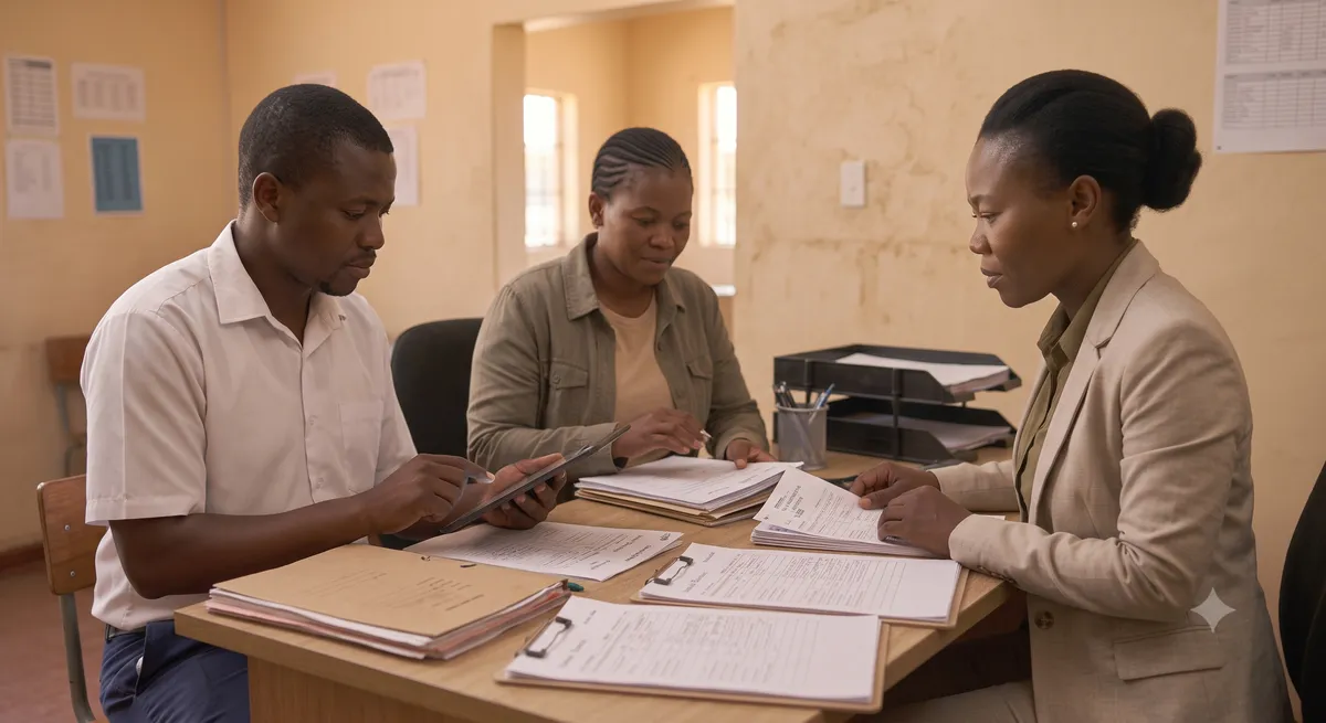 An administrator receives a fee payment from a parent at an administration counter.