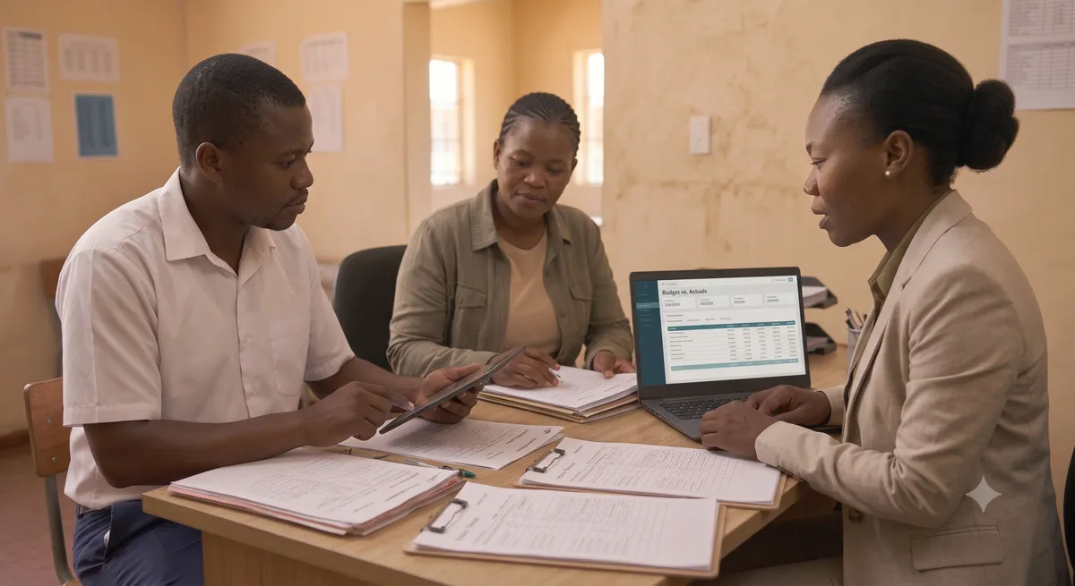 A bursar reconciles fee records on a computer in a quiet school office in the late-afternoon light.