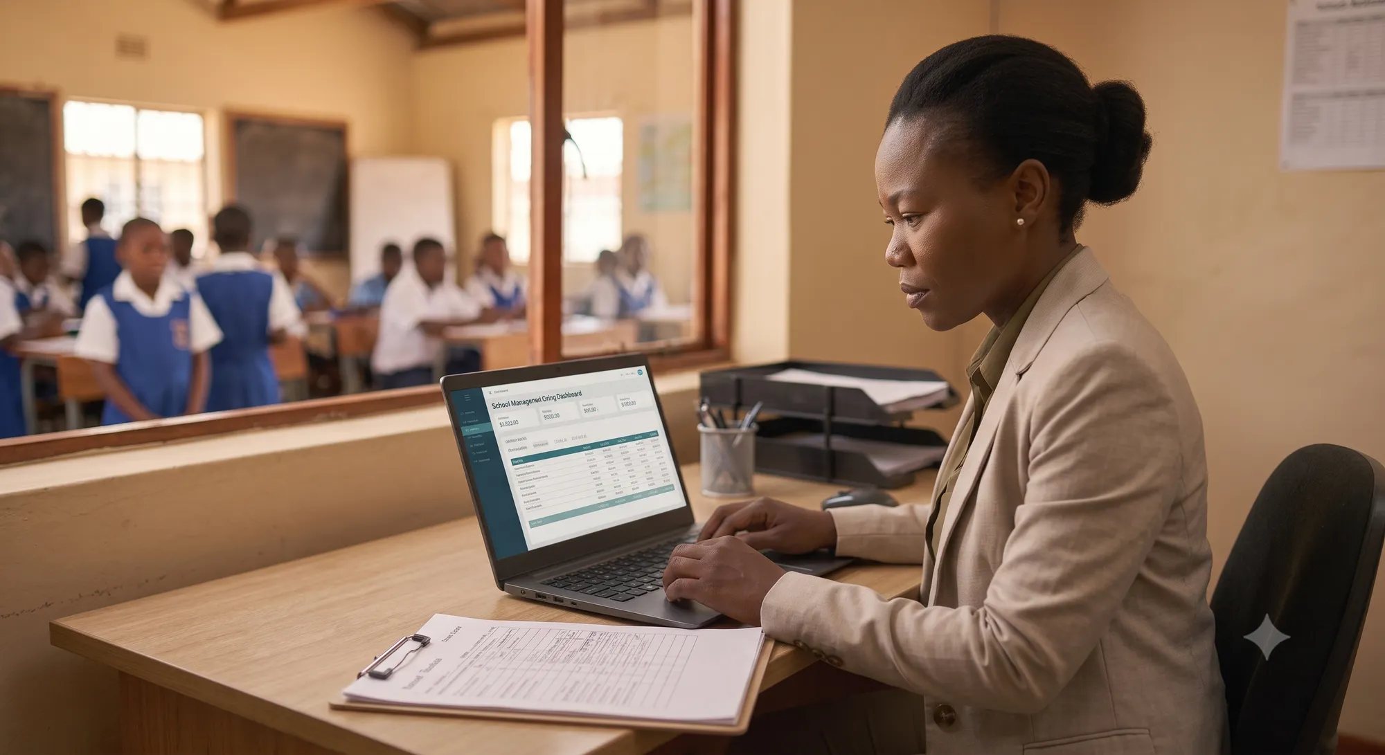 A school finance administrator reviews records on a computer at a tidy administration desk, filing shelves behind.