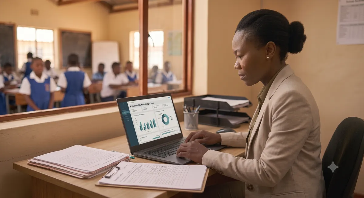 A finance officer prepares an institutional budget report on a laptop, printed summaries on the desk.