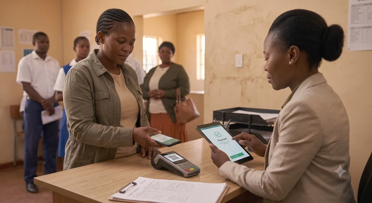 A school administrator organises files at a reception counter as the finance office opens for the day.