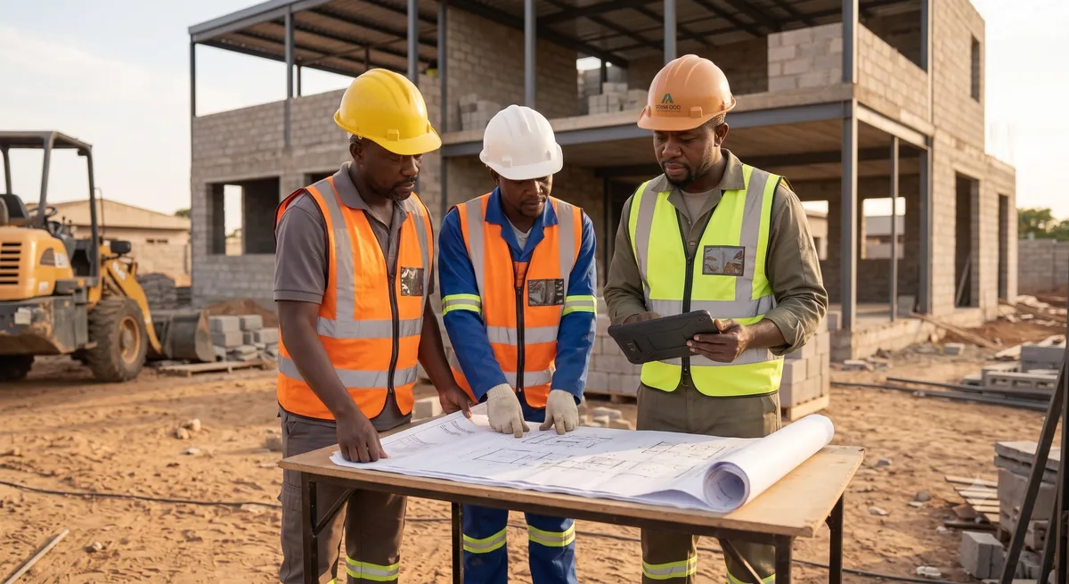 Two site engineers in hard hats consult large paper drawings spread on a table on site.