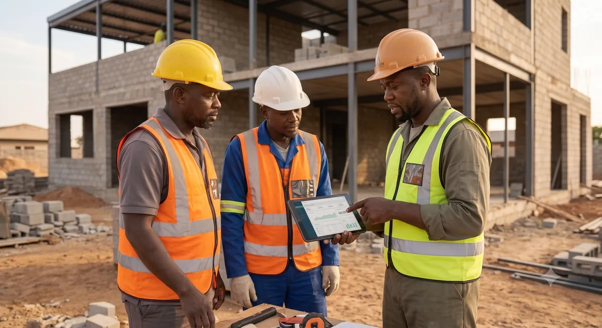 A contractor reviews supplier invoices on a laptop in a site office at dusk, a hard hat resting on the desk.