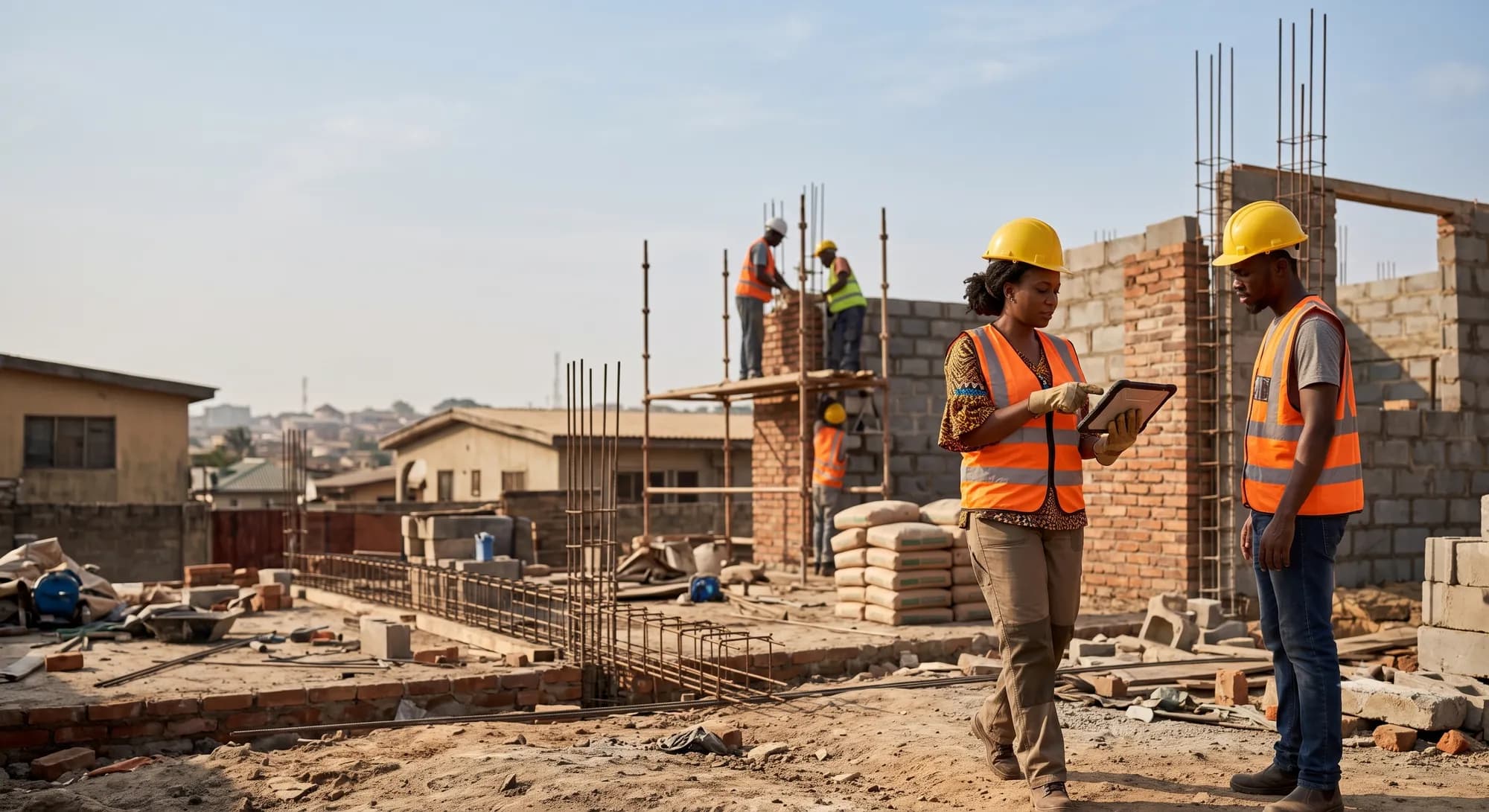 A site supervisor in a hard hat and hi-vis vest reviews plans on a tablet on an active building site.