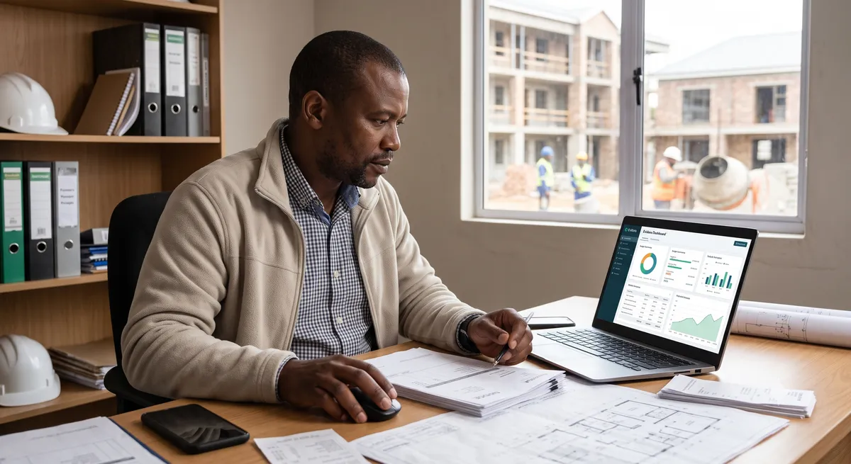 A construction owner compares project costs on a laptop at a desk, rolled drawings beside them.