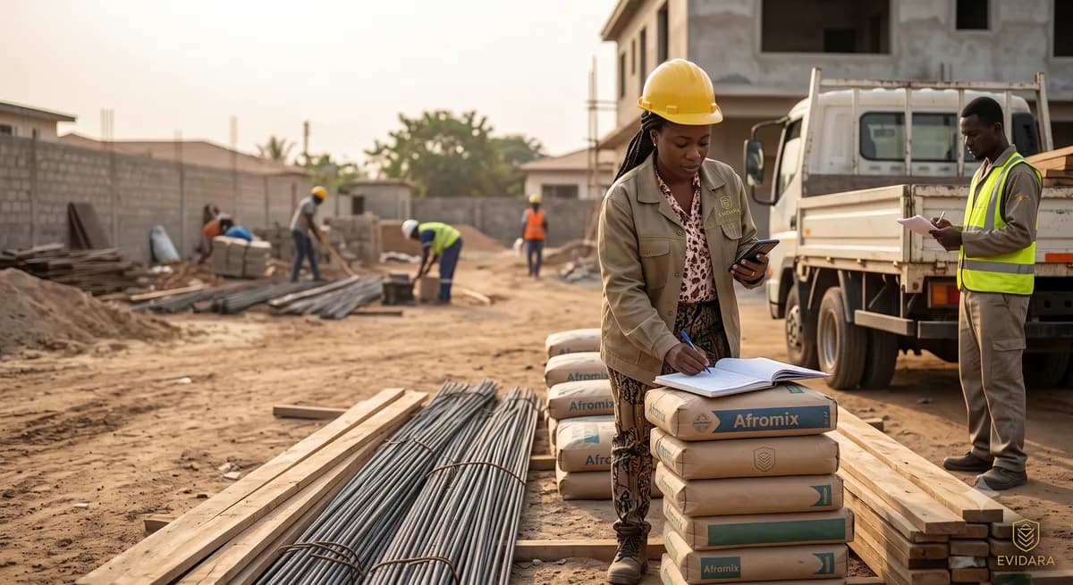 A quantity surveyor in a hard hat checks a delivery of sand and blocks against a handheld device at the site gate.