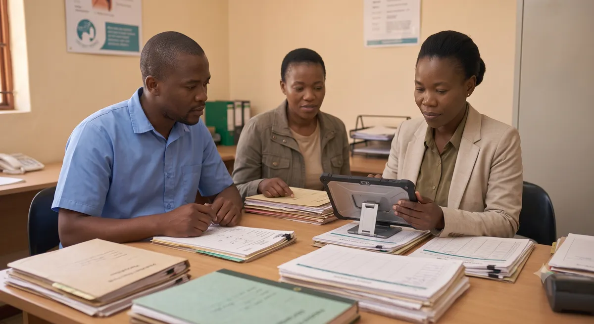 A billing administrator processes a payment at a clinic front desk with a card terminal.