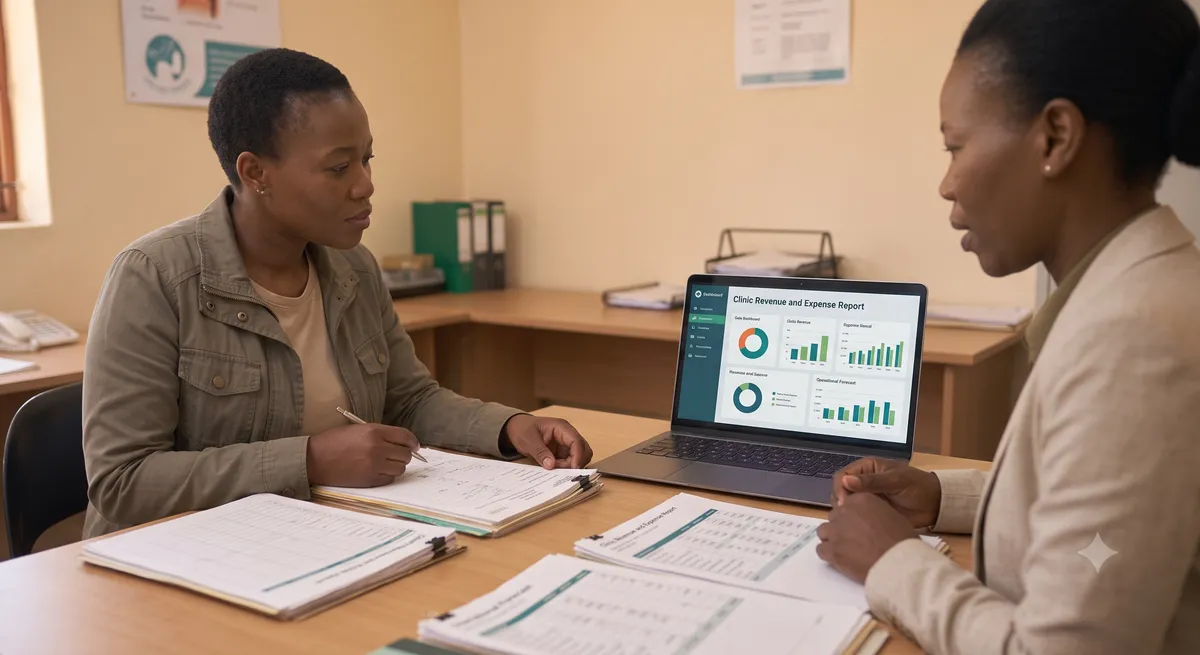 A practice administrator reconciles the day’s payments on a computer at a back-office desk.