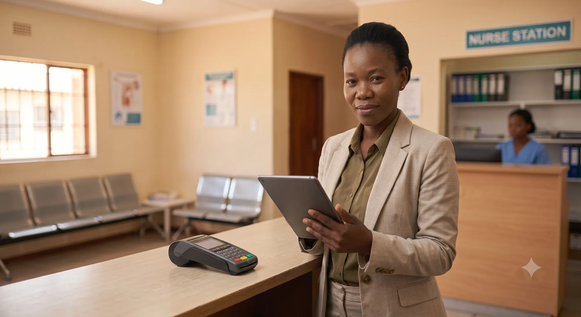 A medical-practice administrator reviews records on a computer at a clinic reception desk, the waiting area behind.