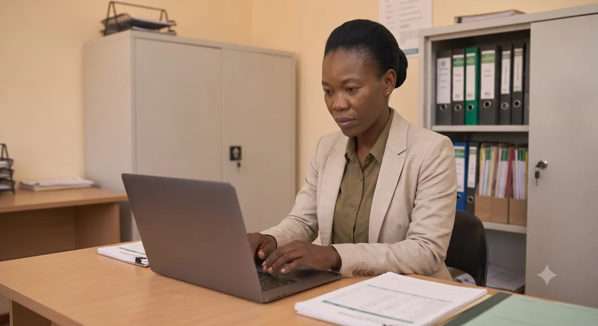 A practice manager reviews financial reports on a laptop in a small administrative office.