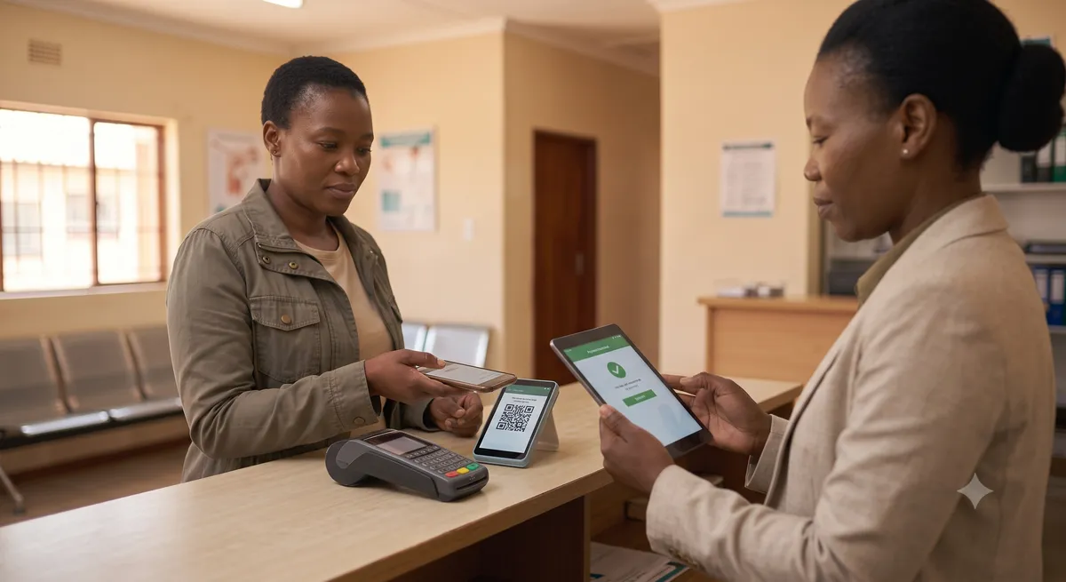 A clinic receptionist organises the day’s appointments on a screen while opening the front desk.