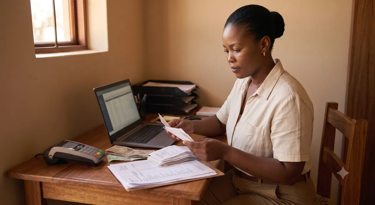 A restaurant supervisor cashes up at a small counter at the end of service, notes and a phone in hand.