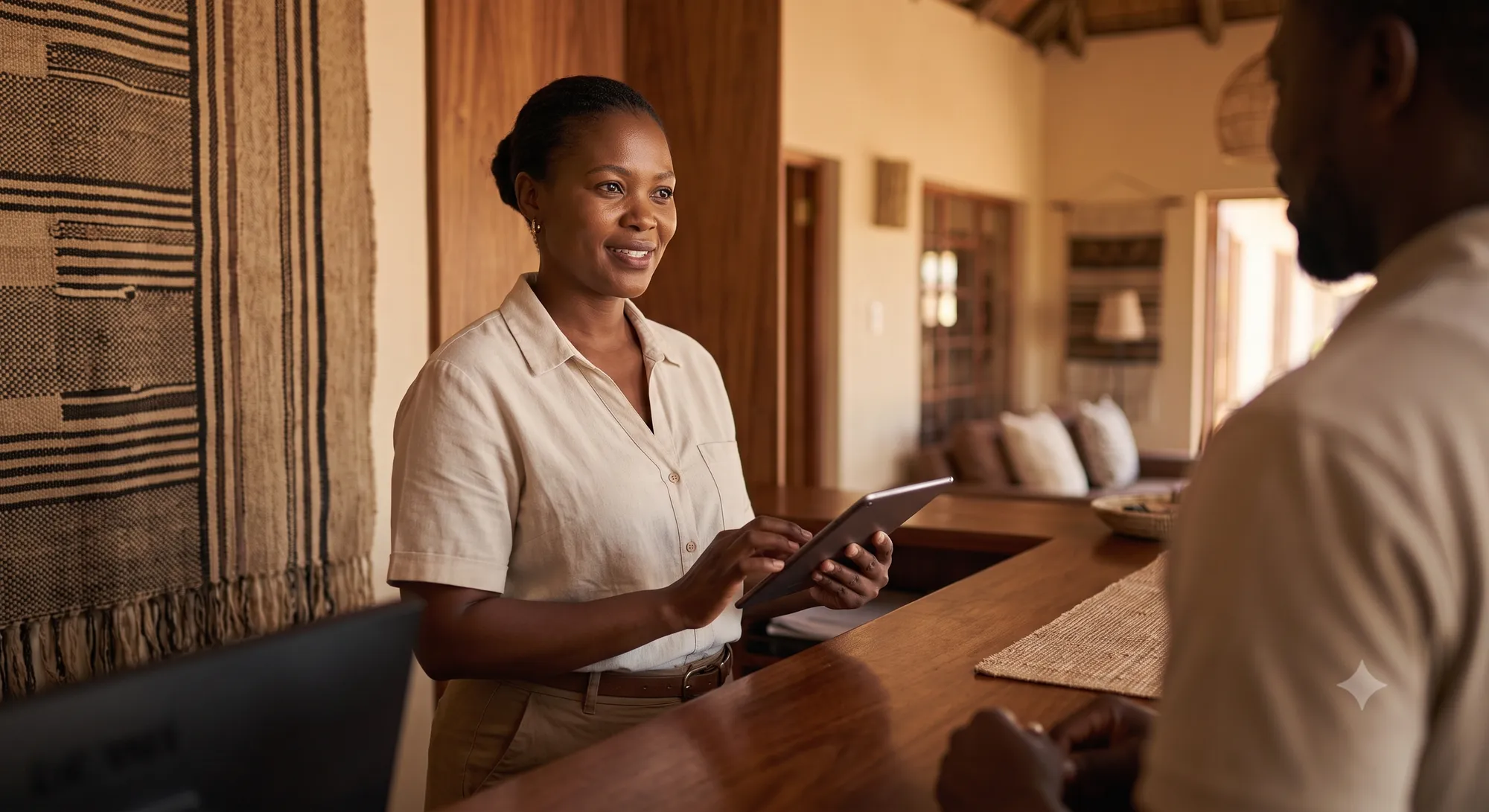 A restaurant manager checks a tablet in a warm dining room before service while staff set the tables behind.