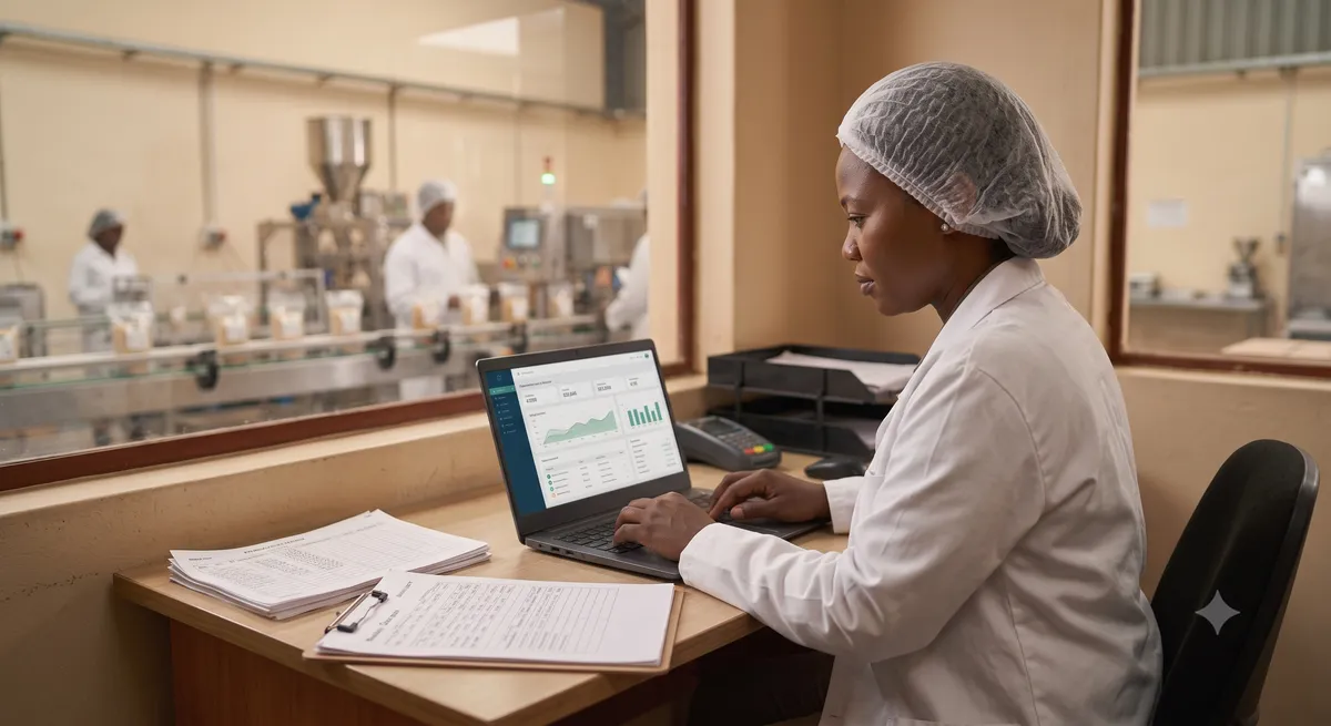 A manufacturing owner reviews production and cost figures on a laptop in a small factory office.