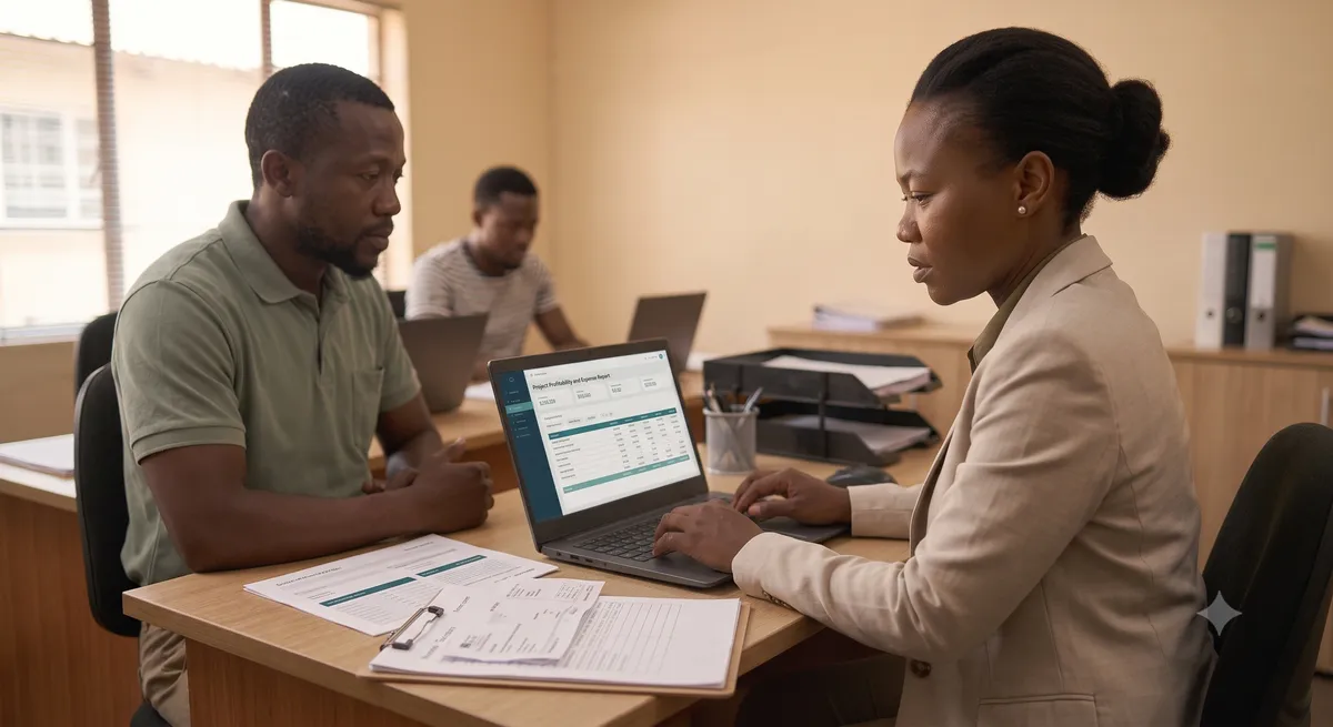 An accountant reviews invoices on a laptop at a clean desk, a neat stack of plain papers beside them.