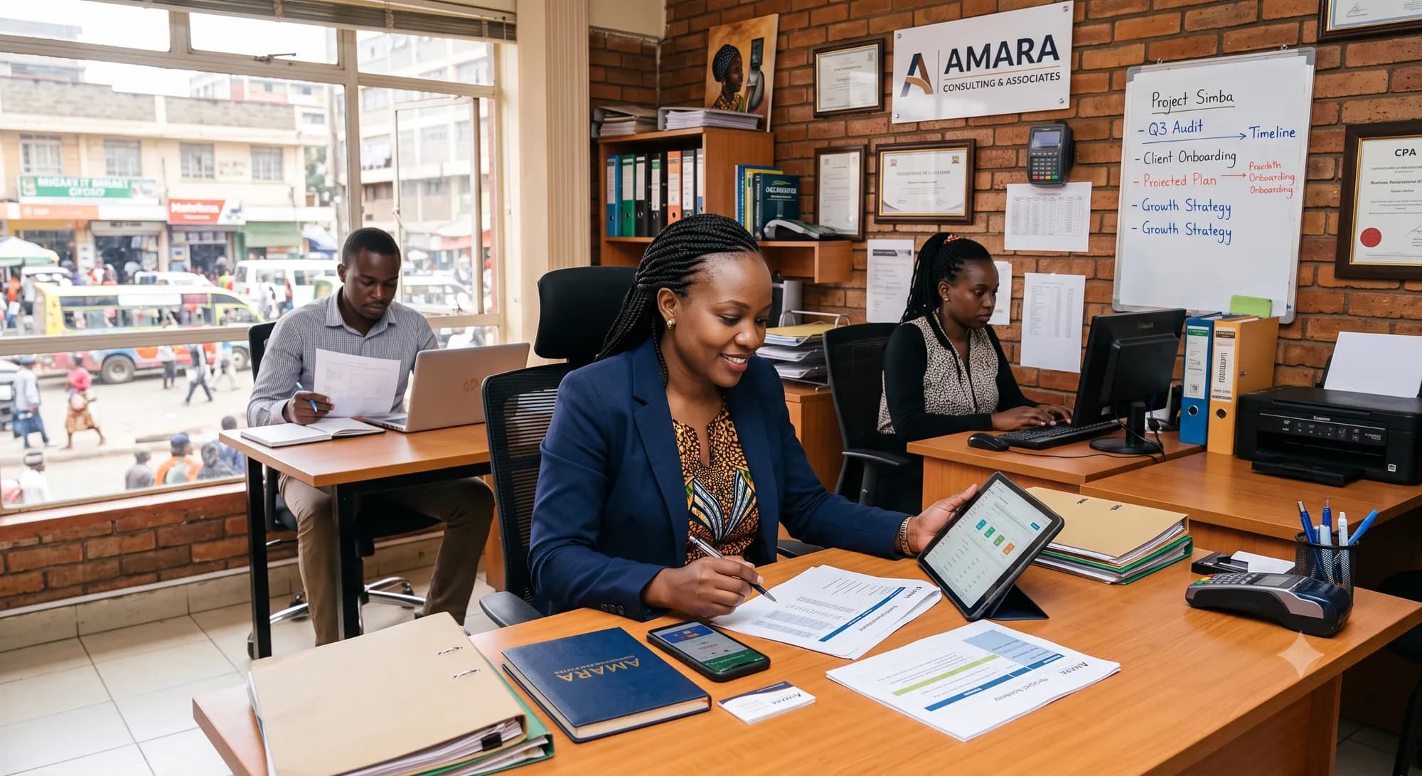 A consultant reviews documents in a bright studio office while colleagues work at their desks behind.