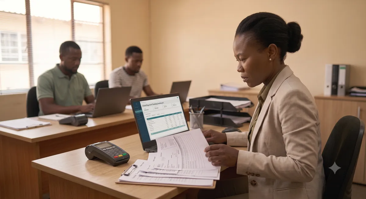 A firm partner reviews financial reports on a laptop and a printed page in a small office.