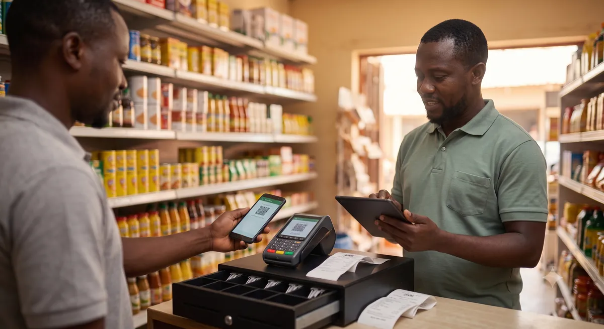 A shop assistant scans goods for a customer at a busy till, a card terminal and a phone on the counter.