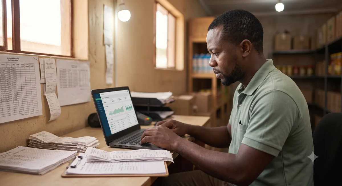 A retail owner reviews figures on a laptop and tablet at a back-office desk, stockroom shelves behind.