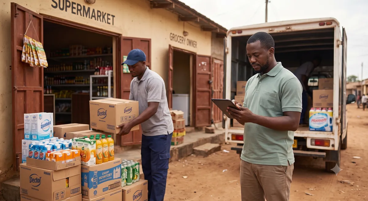 A shopkeeper in a plain apron checks a delivery of cartons against a phone at the back door of a small supermarket.