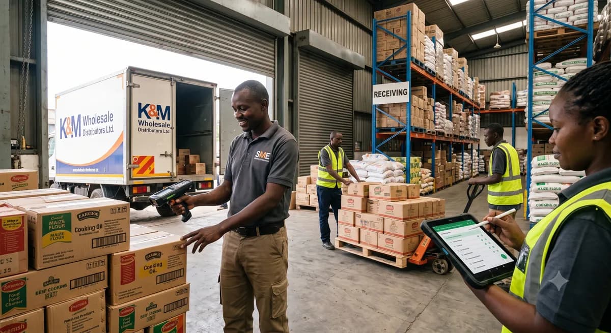 A dispatch clerk checks cartons onto a delivery truck at a loading bay using a handheld device.