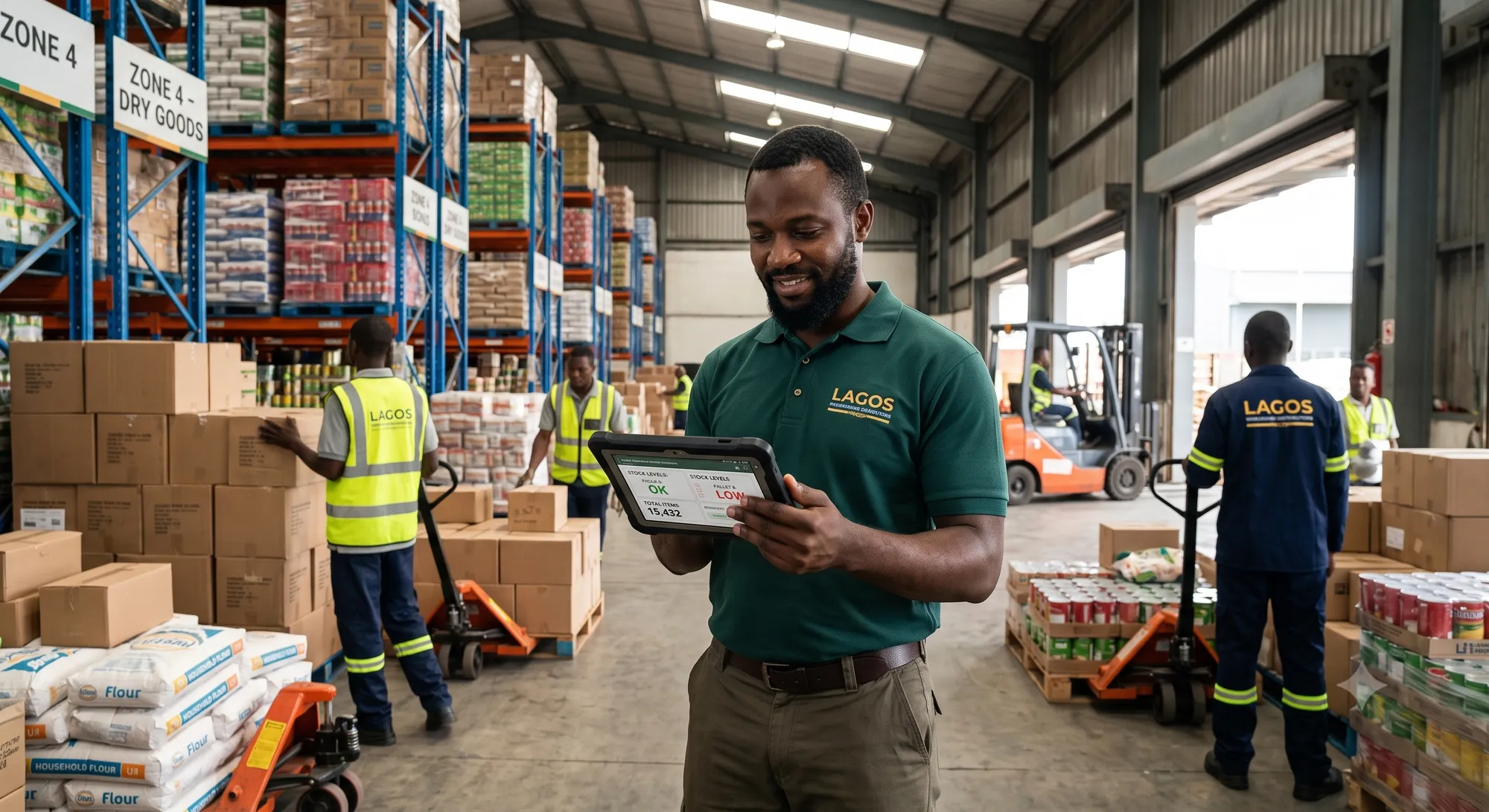 A warehouse manager in a hi-vis vest checks a handheld device beside tall racking stacked with plain cartons.