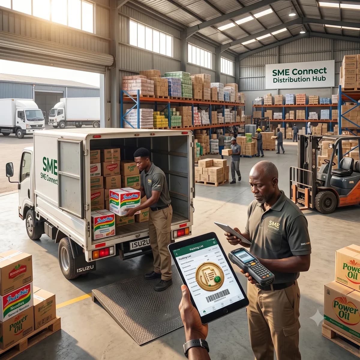 A warehouse worker directs a forklift lowering a pallet of plain boxes at a loading dock in the morning light.